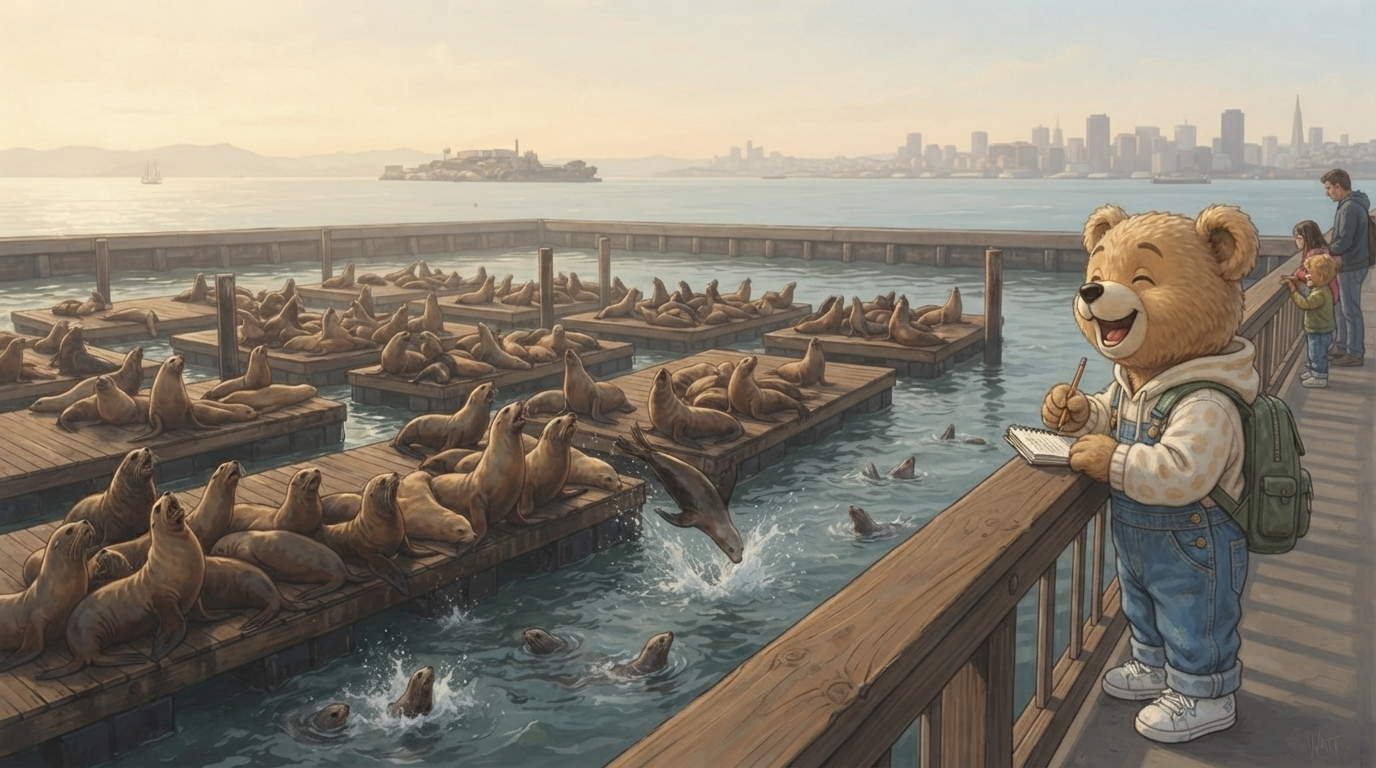 Fred Bear laughing at Sea Lions